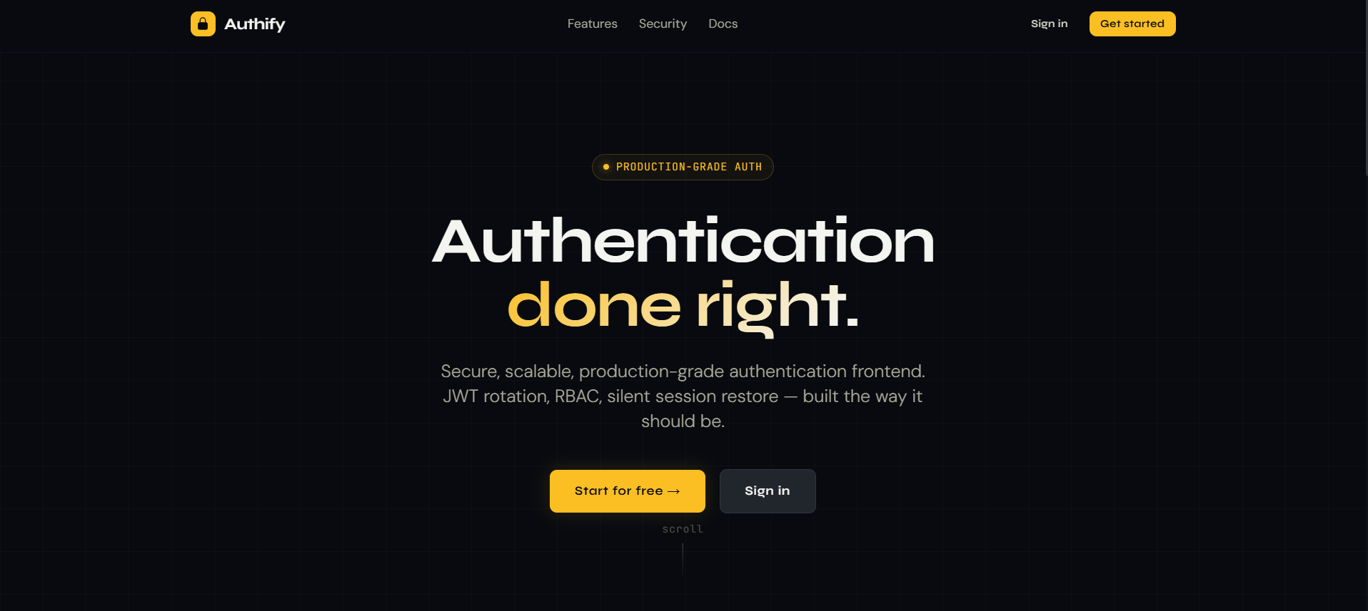 Authentication dashboard showing session status active, auth method jwt refresh, and a user account summary panel in a dark interface